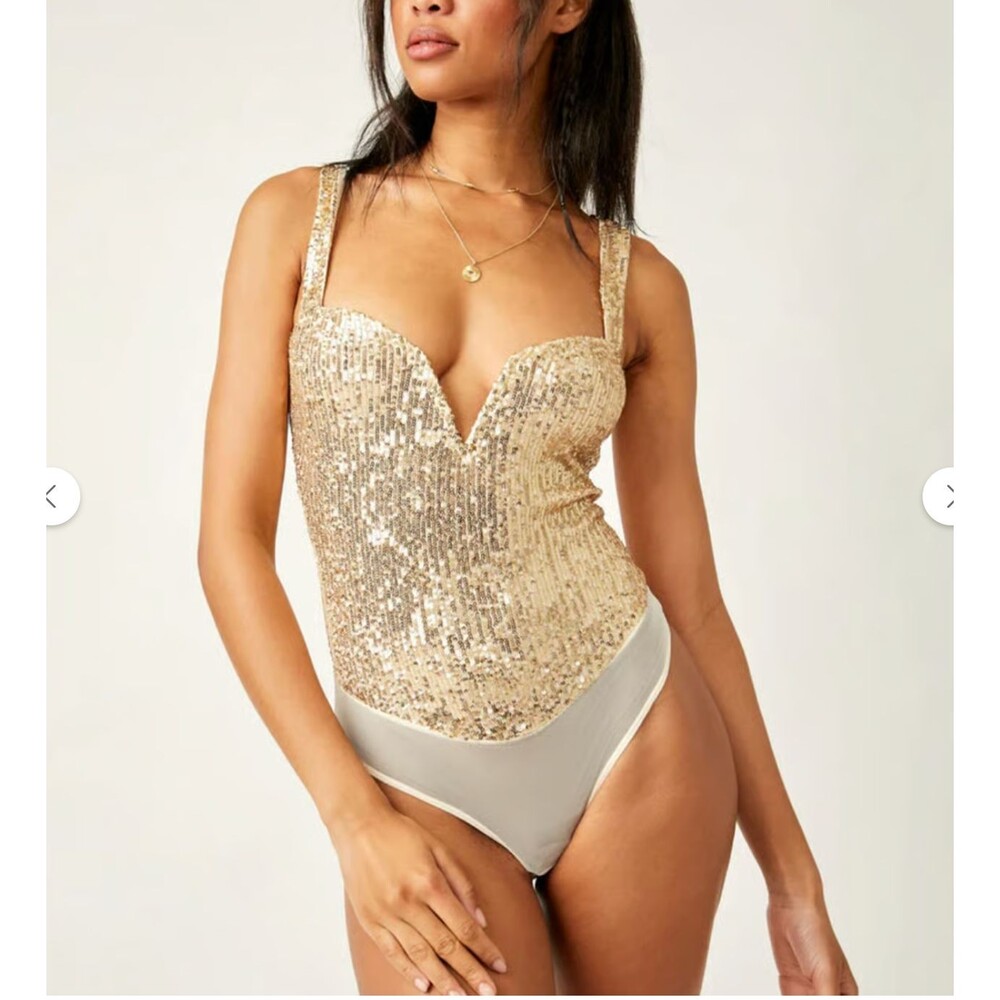 IntimatelyFree People Sparks Fly Sequin Embellished Bodysuit Gold Beige Sz XS